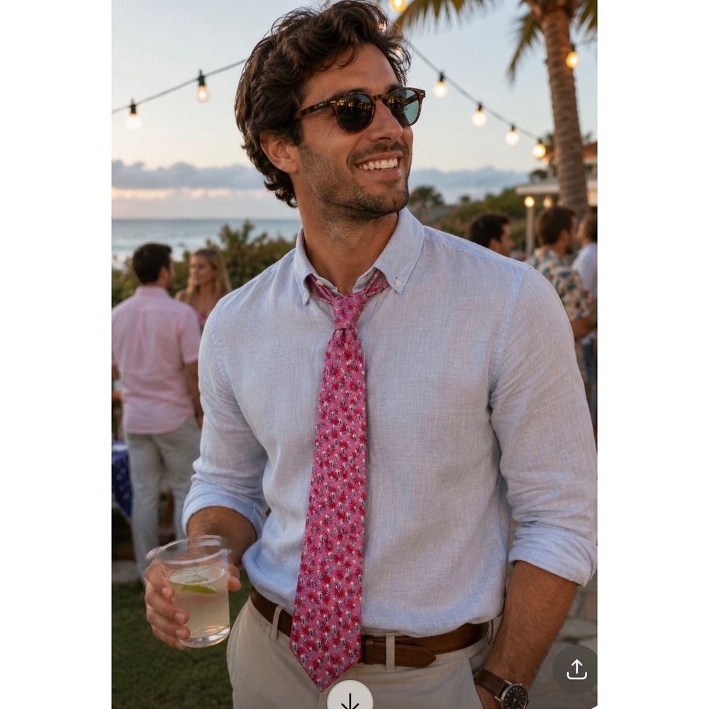 Tropical Cocktail Palm Leaf Pink Microfiber Mens Necktie Summer Party Tie